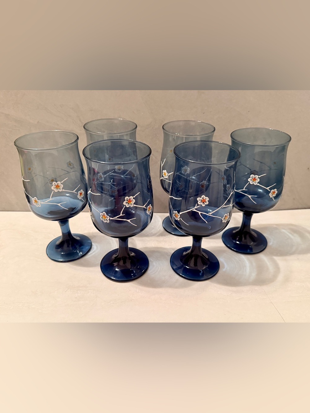 Vintage Libbey Smokey Blue Dogwood Floral Wine Glasses Set of Six Excellent